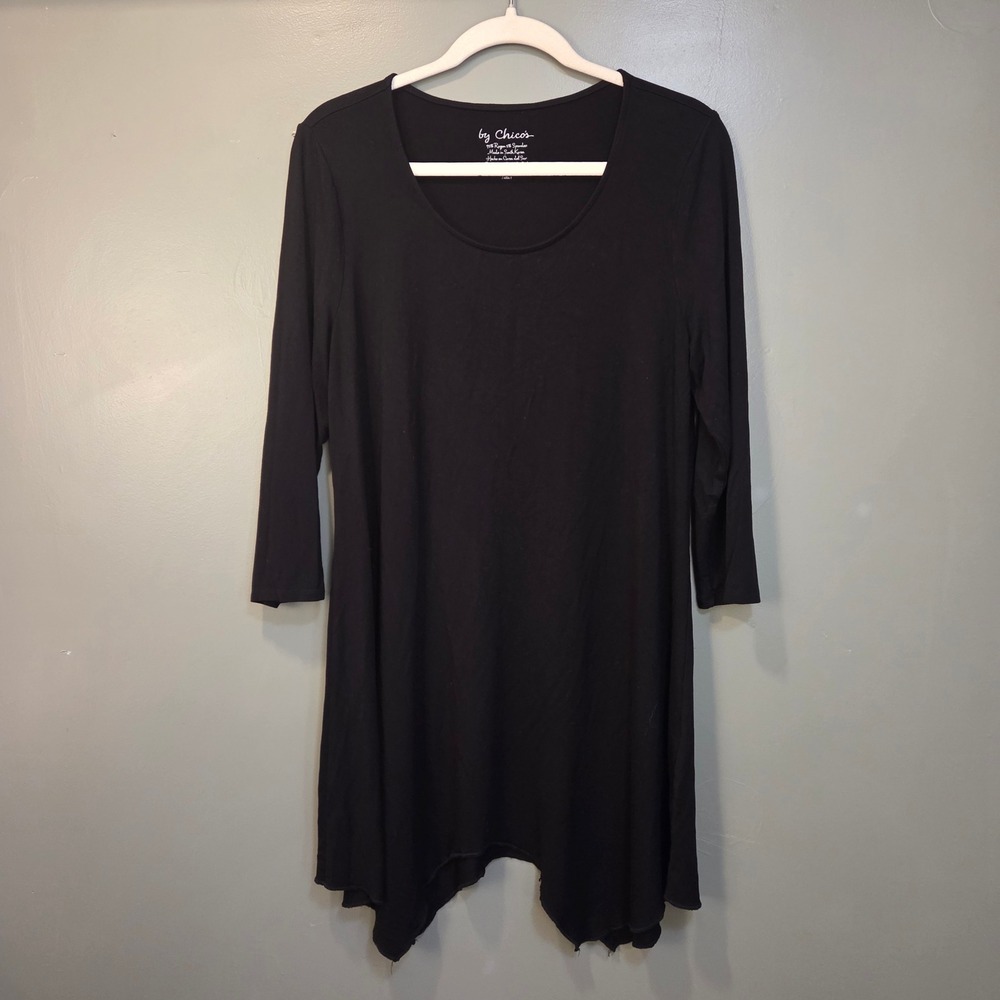 Chico's Size 1 Asymmetrical 3/4 Sleeve Longline Draped Tunic Women's M Black